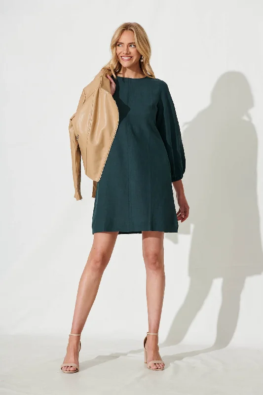 Moto Dress In Emerald Cotton Linen