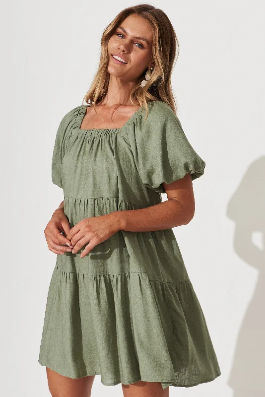 Nessa Smock Dress In Khaki Linen Blend