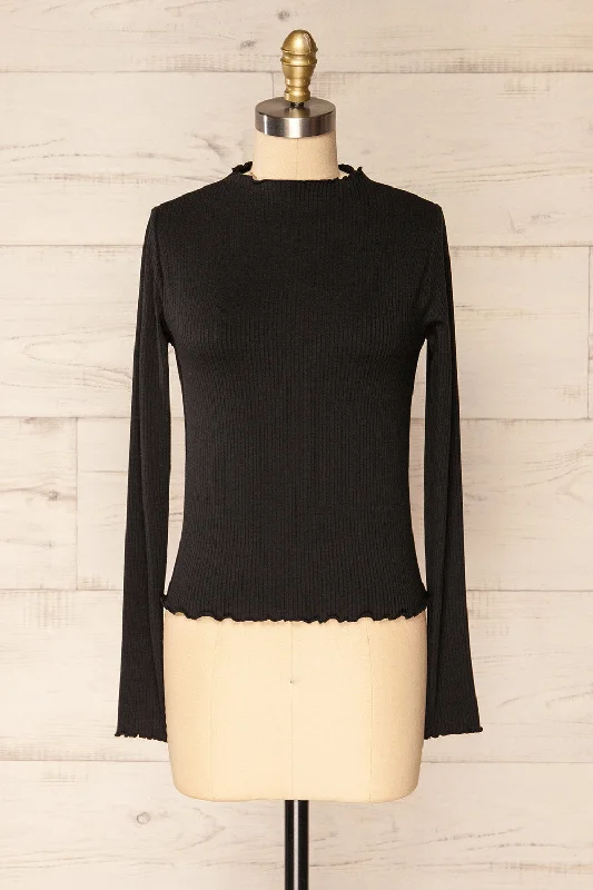 Palencia Black | Ribbed Long Sleeve Top w/ Frills