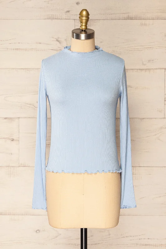 Palencia Blue | Ribbed Long Sleeve Top w/ Frills