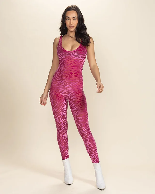 Pink Zebra Cut Out Back Burnout Velvet Full Bodysuit | Women's