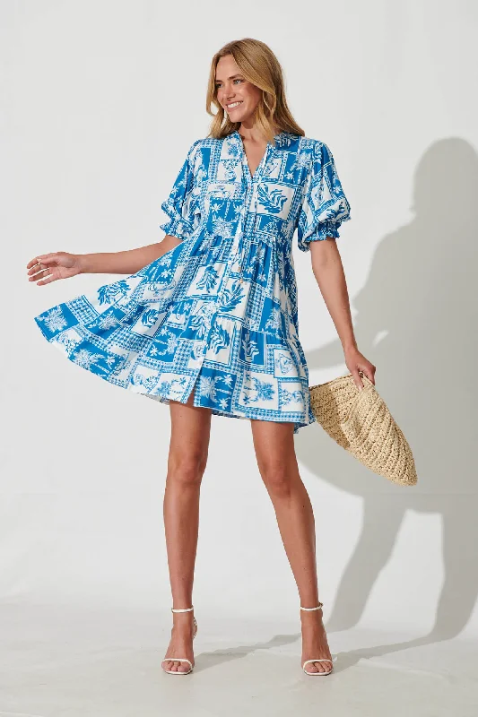 Santanna Smock Dress In Blue And White Patchwork