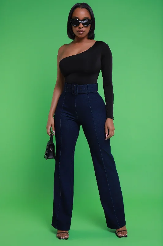 See It Through High Rise Belted Denim Pants - Dark Blue