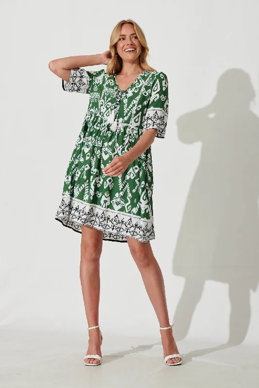 Shake It Out Dress In Green And Cream Aztec Print