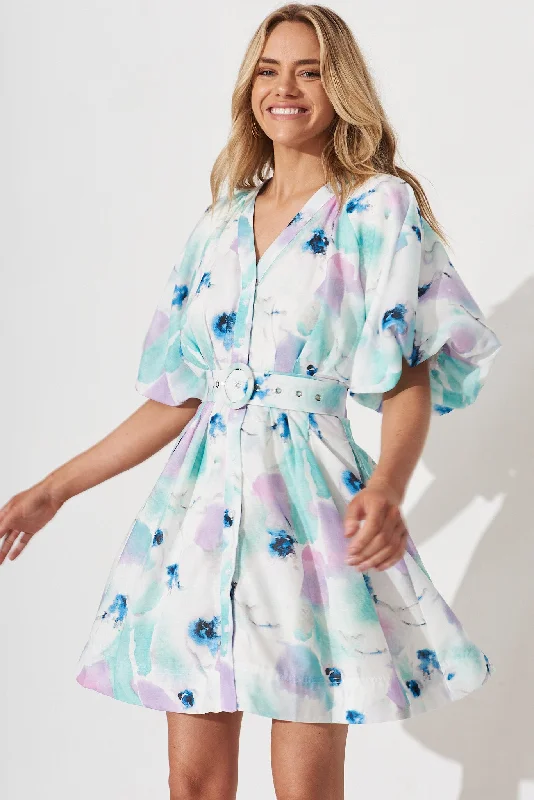 Teagan Dress In White With Blue And Lilac Watercolour Linen Blend