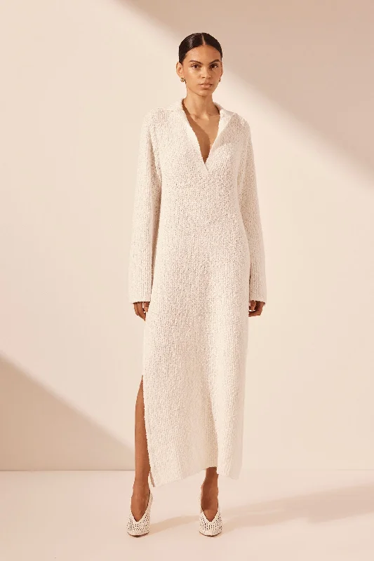 VAIANA LONG SLEEVE POLO MIDI DRESS - IVORY