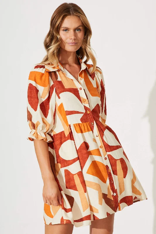 Ventura Smock Shirt Dress In Rust Multi Linen Blend