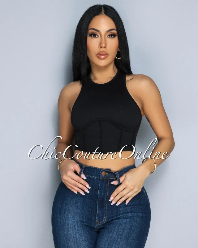 Vinia Black Corset Style Ribbed Crop Top