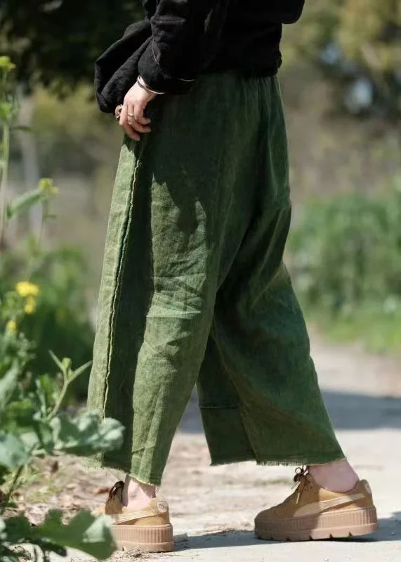 vintage-green-pockets-elastic-waist-linen-crop-pants-summer