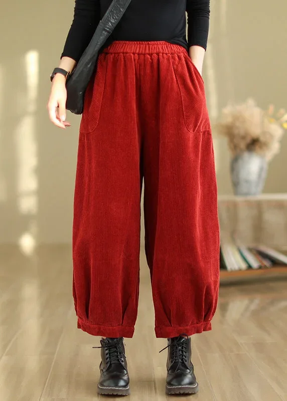 Vintage Red Pockets Patchwork Corduroy Lantern Pants Fall