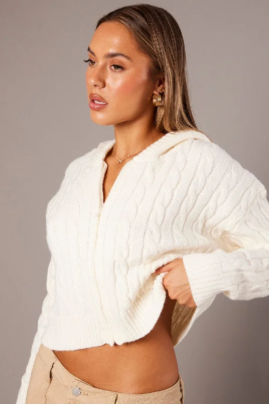 White Hooded Cardigan Long Sleeve Cable Knit Zip Up