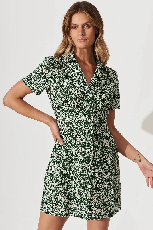 Zuri Shirt Dress In Green With Ivory Floral Cotton